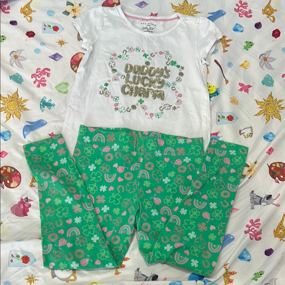 White and Green Graphic Tee and Leggings Set